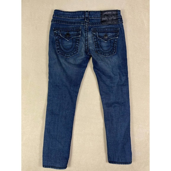 True Religion Womens 27 Jeans Distressed‎ Dark Blue Denim Low Rise Zipper Fly - Picture 14 of 15